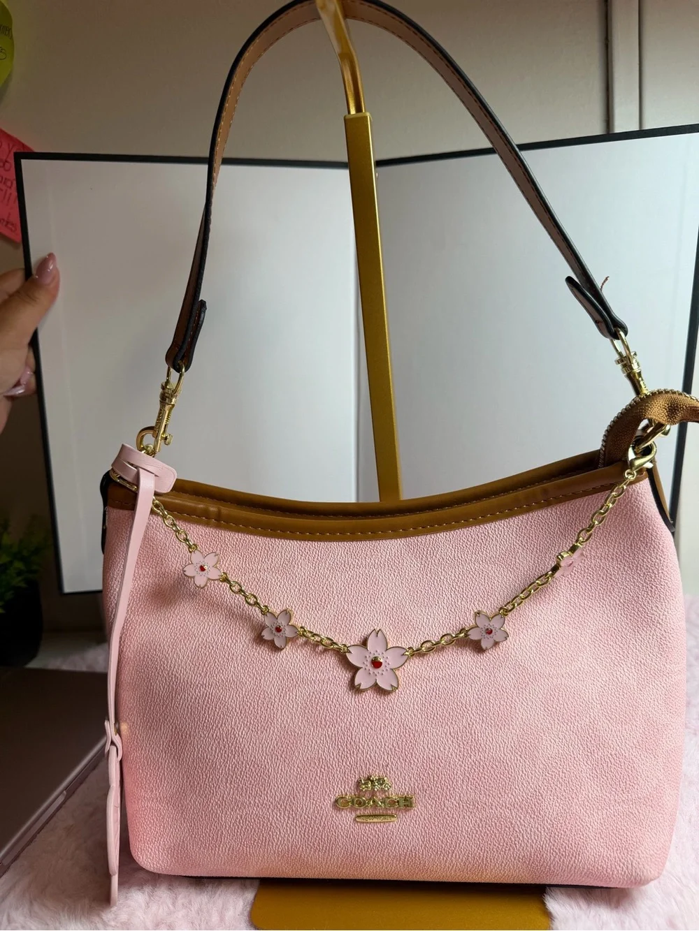 Coach Pink Floral-Chain Leather Shoulder Bag with Brown Trim